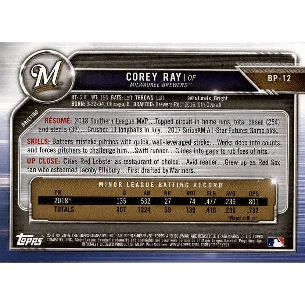 2019 Bowman Prospects Corey Ray #BP-12 Milwaukee Brewers